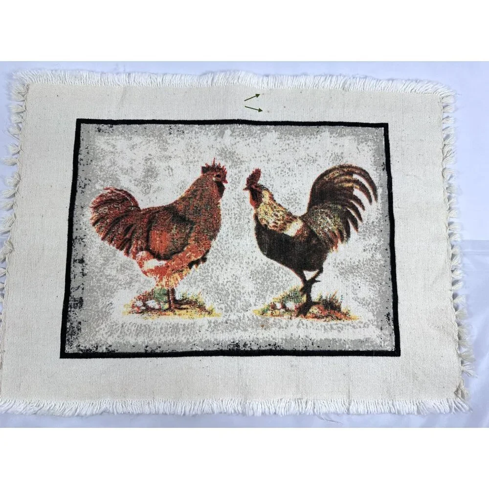 Set Of 6 Rustic Rooster Placemats Fringed Edges Linen Look Cottage‎ Farmhouse